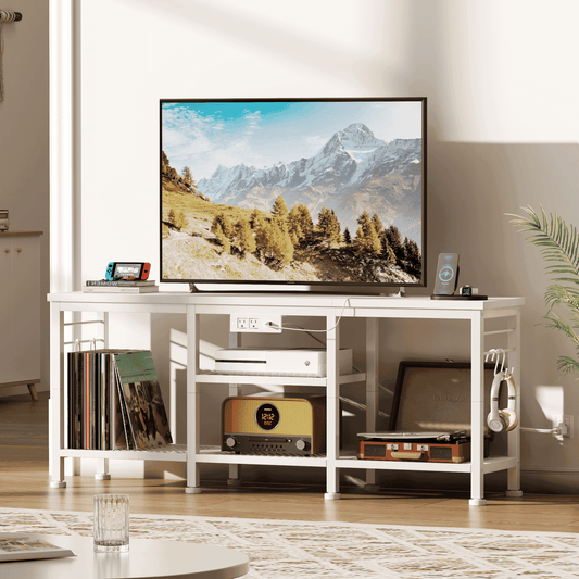 Tydimor Vintage TV Stand with Power Outlet for TVs up to 55" TVs with Open Storage Shelves and Metal Frame, White