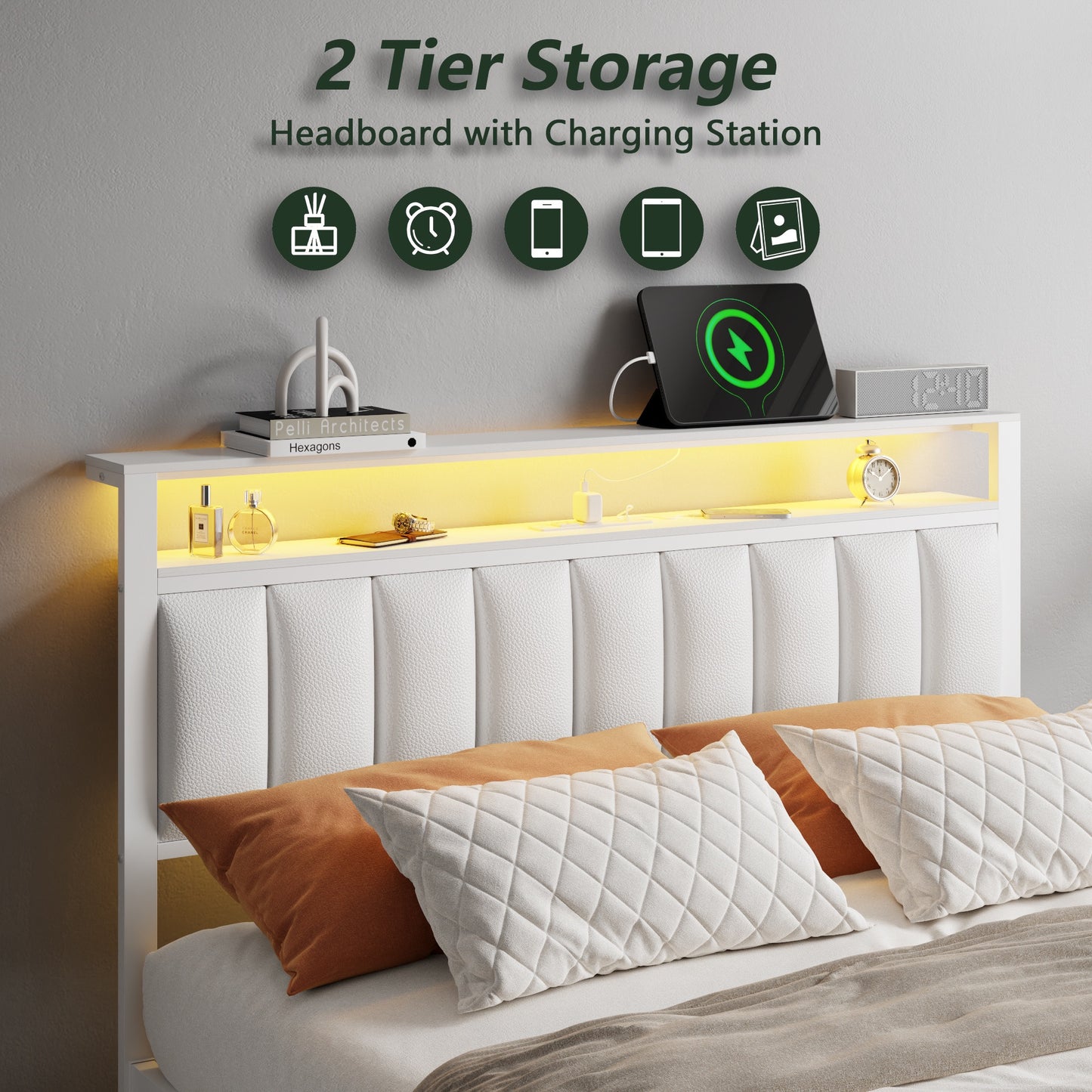 Tydimor Full Bed Frames with LED Lights, Platform Bed with Metal Slats, Headboard with 2-Tier Storage Shelves & Charging Station, No Box Spring Needed, White