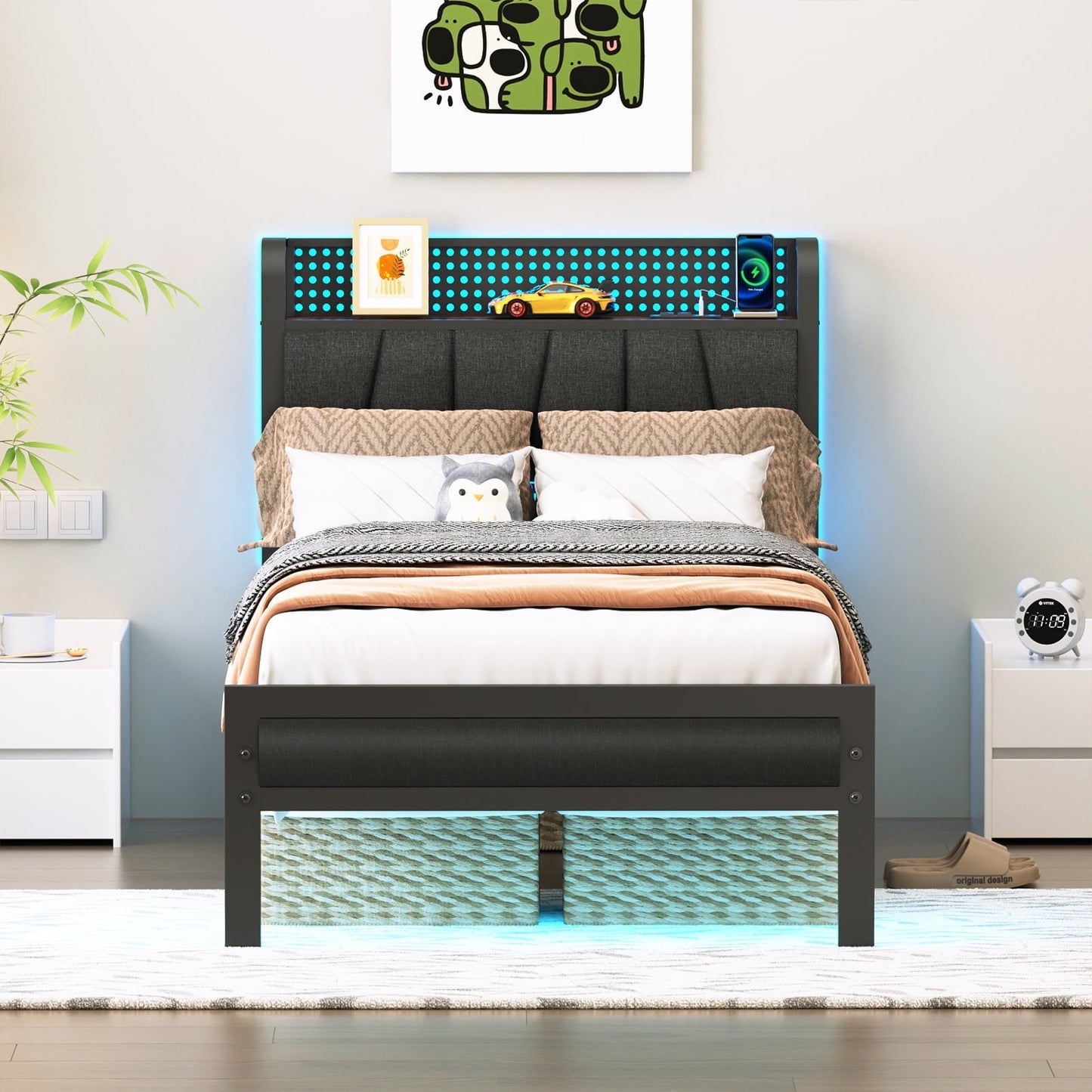Hexmn Twin Size Metal Smart Bed Frame with Upholstered Headboard, LED Lights, USB Ports and Outlets, Storage Shelves & Underbed
