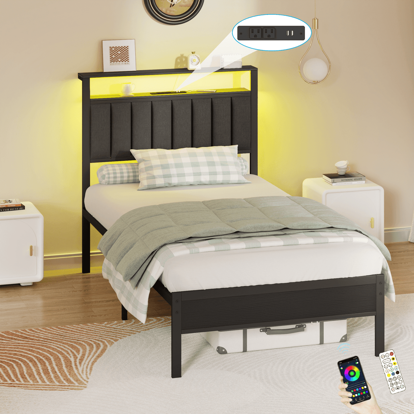 Hexmn Twin Bed Frame with USB Ports and Outlets, LED Gaming Bed Metal Frame Underbed with Headboard, Niose Free