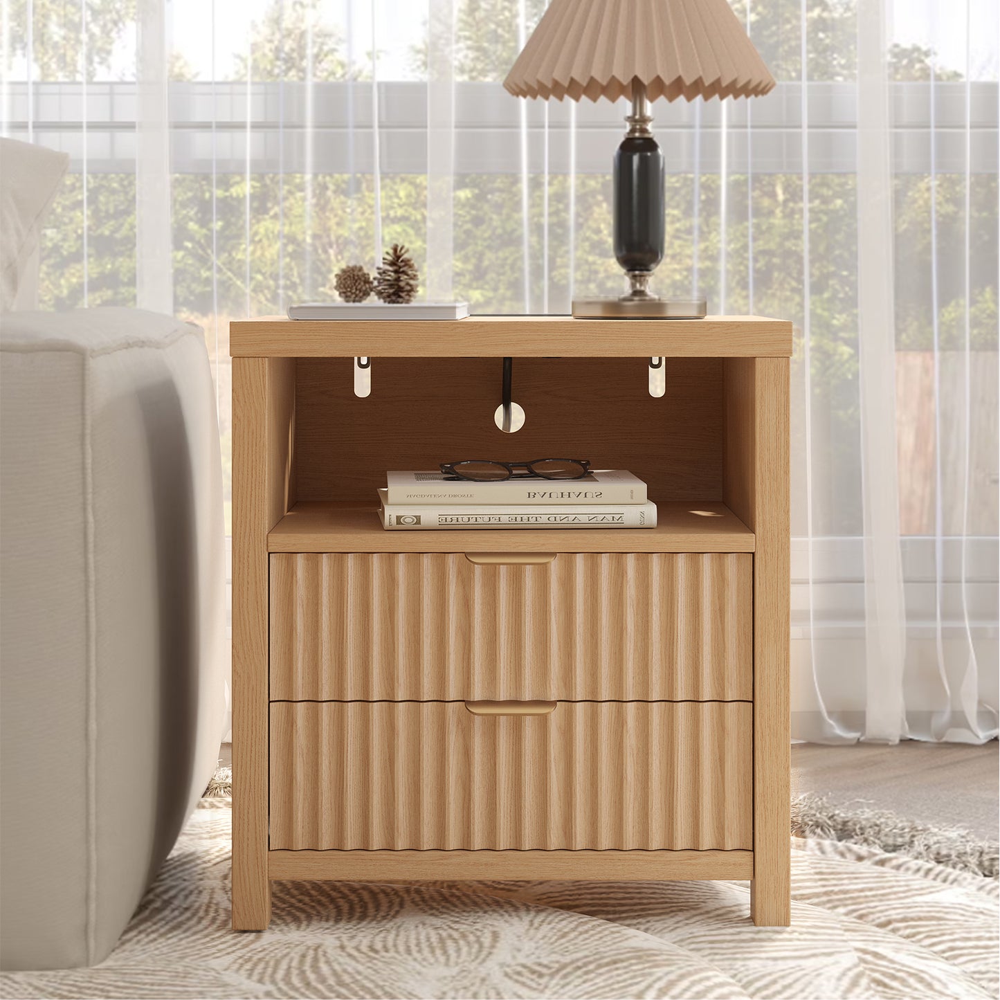 Satifur Modern Fluted Nightstand with Charging Station, Wooden Bedside Table with 2 Drawers and Open Shelf for Bedroom, Natural Oak