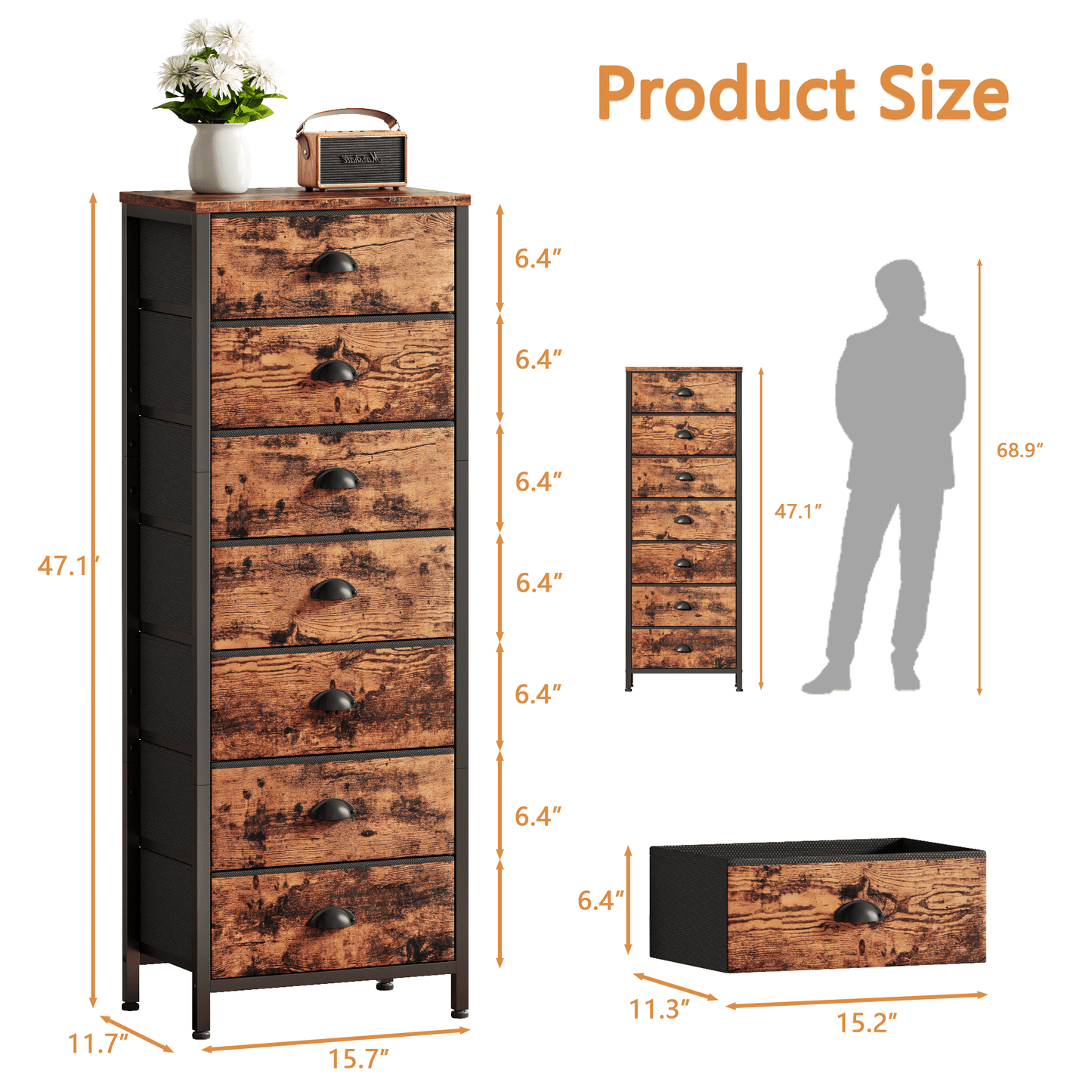 Tydimor 7-Drawer Tall Dresser Bedside Fabric Nightstand with Storage,Rustic Brown