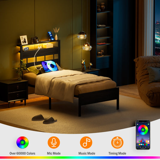 Satifur Twin Size Bed Frame with Upholstered Storage Headboard and LED Light, Platform Bed with Metal Slats, Noise Free Design