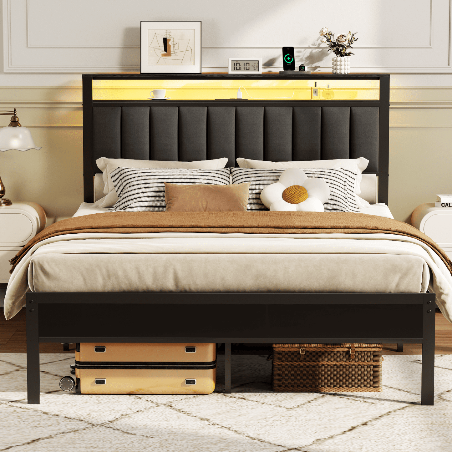 Satifur Queen LED Bed Frame with Smart RGB Lights, Headboard Charging Station, Versatile Storage Solution, Comfortable Upholstered Backrest, No Box Spring Needed