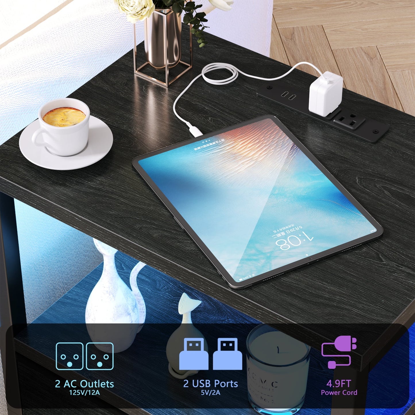 Satifur Night Stand with Charging Station,LED Nightstand with USB Ports and Outlets,Fabric Drawers Bed Side Table,Black Oak