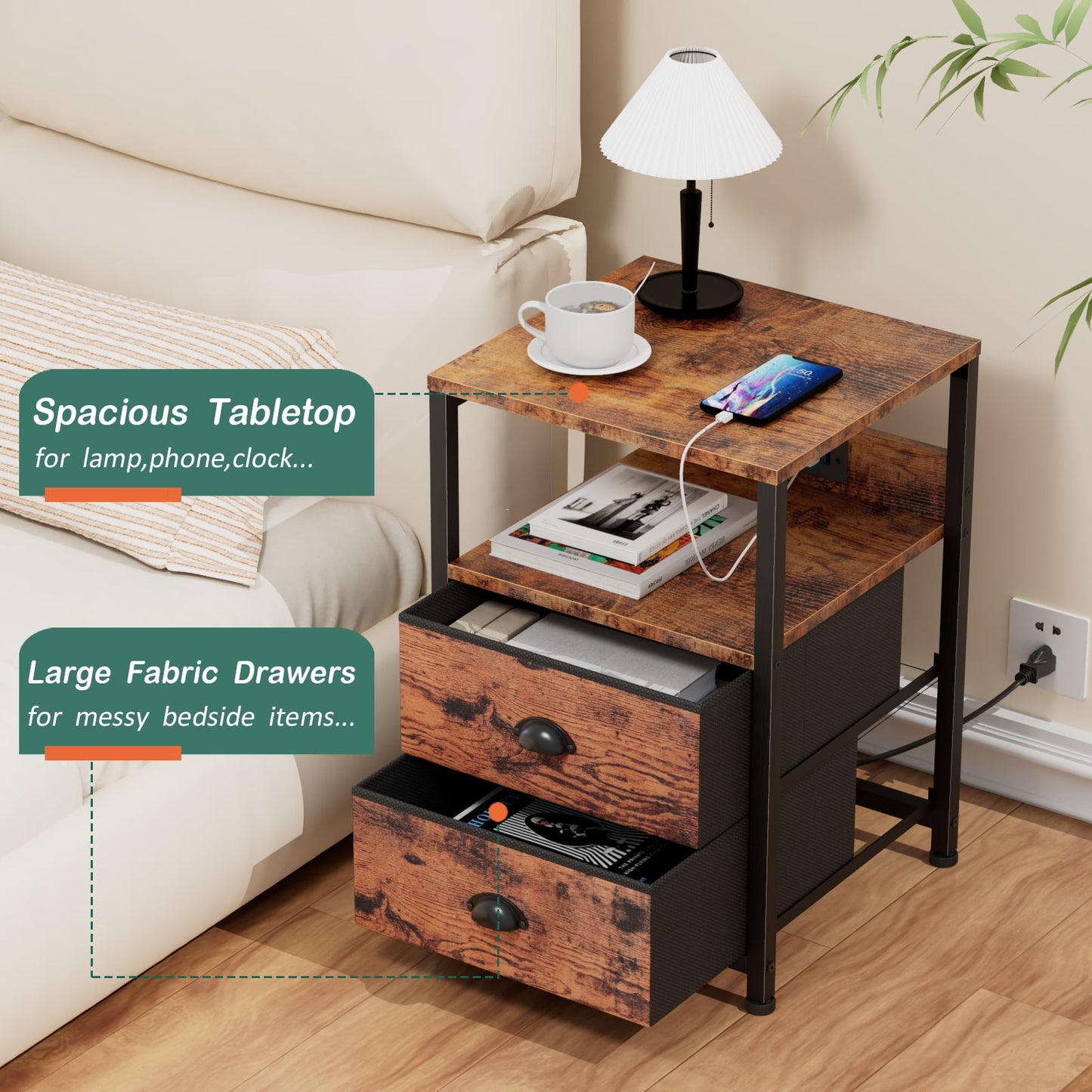 Satifur Nightstand Set of 2, Side End Table with Charging Station, 2 Drawers, Rustic Brown