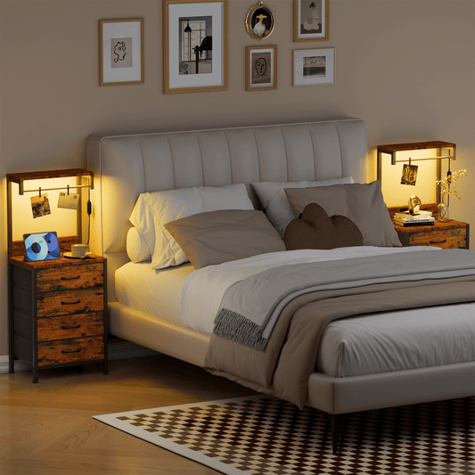 Satifur Tall Nightstand with Charging Station and Drawers, Bedside Table with 4 Fabric Drawers, LED Lights, and 2 Storage Shelves, Rustic Brown