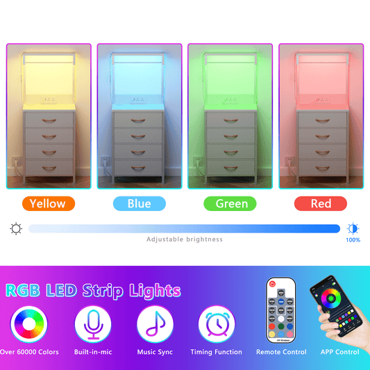 Satifur Tall Nightstand with Charging Station and Drawers, Bedside Table with 4 Fabric Drawers, LED Lights, and 2 Storage Shelves, White