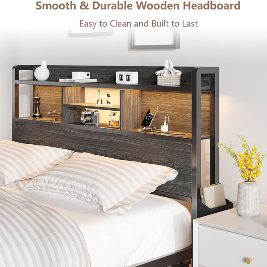 Satifur Queen Size LED Light Bed Frame with Storage Shelf and USB Ports, Full Bed with Drawers and RGB LED Lights