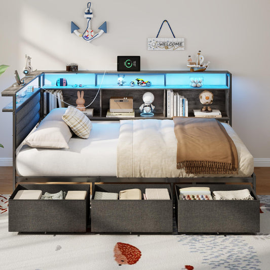 Satifur L-Shaped Corner Bed Frame with 3 Storage Drawers, 3 Cubbies & Double-Layer Shelf, LED Lights & Power Outlet, Corner Twin Beds for Living Room, Bedroom and Guest, Grey Oak