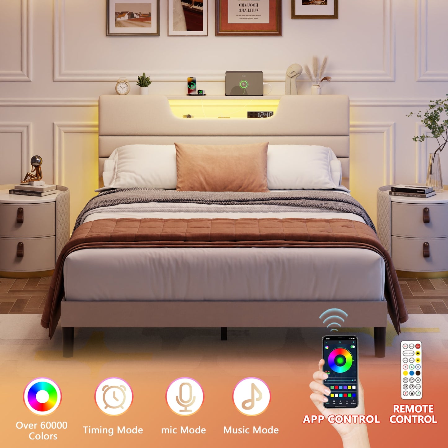 Tydimor Beige Fine Linen Fabric Bed Frame with Upholstered Headboard & Charge Station, Queen Size Bed Frame with LED Lights, No Box Spring Needed