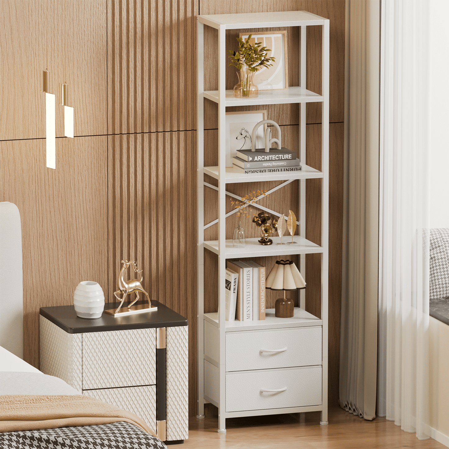 Satifur 5-Tier Bookshelf and Bookcase with 2 Removable Drawers, Narrow Display Shelf for Living Room, White