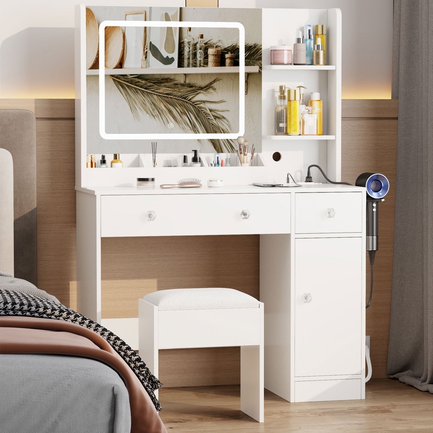 Satifur White Vanity Desk Set with Mirror and Lights, Makeup Table with Charging Station, Comfortable Bench, Big Vanity with 3 Storage Compartments, 39.4in