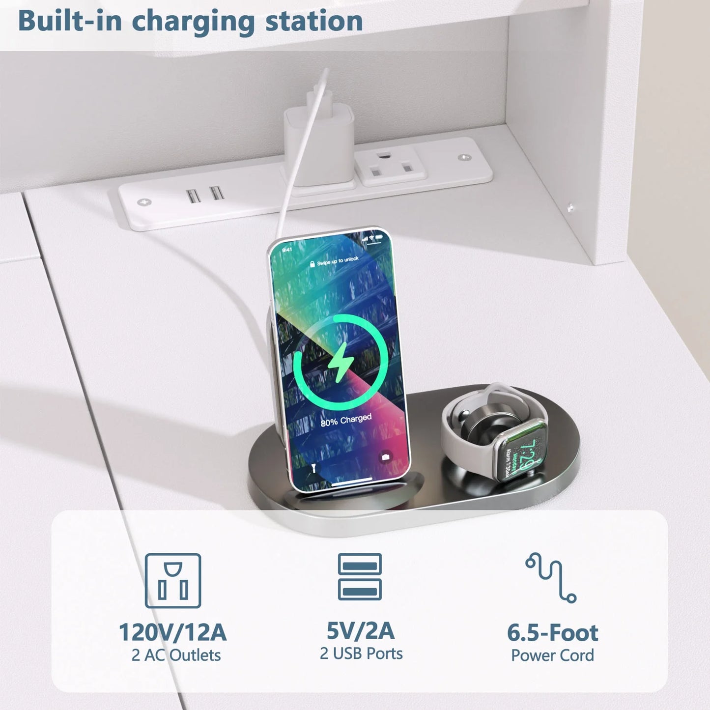 Tydimor Flip-top Vanity Set, Women Dressing Table with Outlets, Makeup Vanity Desk with Mirror, Drawers & Stool