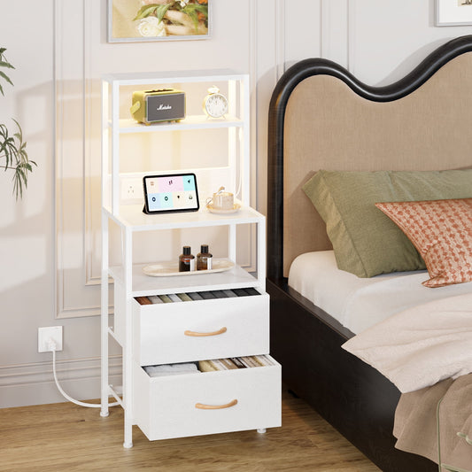Satifur Tall LED Nightstand,Bedside Table with Charging Station,2 Fabric Drawers & Shelfs for Bedroom Living Room,White