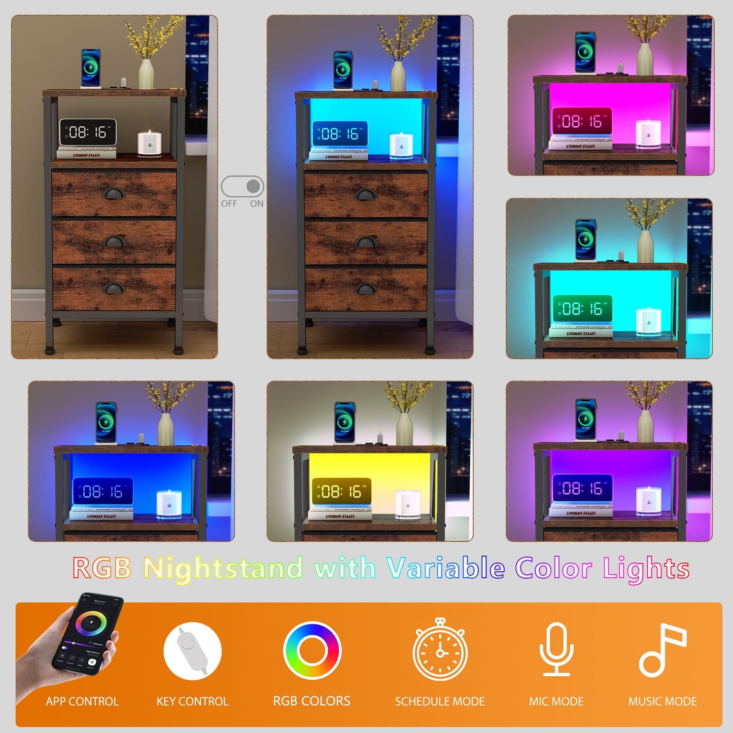 Satifur Night Stand with Charging Station,LED Nightstand with USB Ports and Outlets,Fabric Drawers Bed Side Table,Rustic Brown