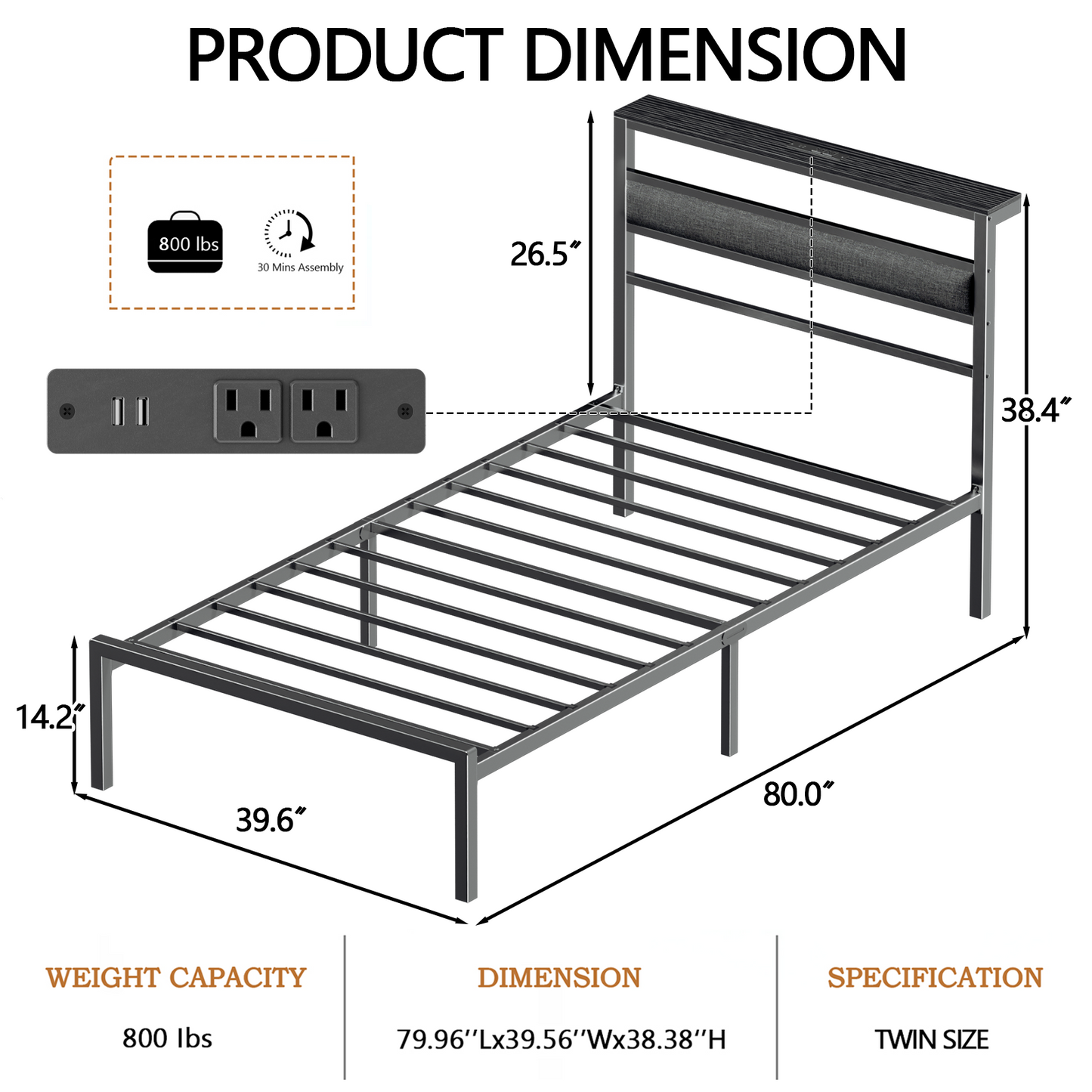 Satifur Twin Size Bed Frame with Upholstered Headboard & Shelf, LED Lights & USB Charging Station, Metal Black