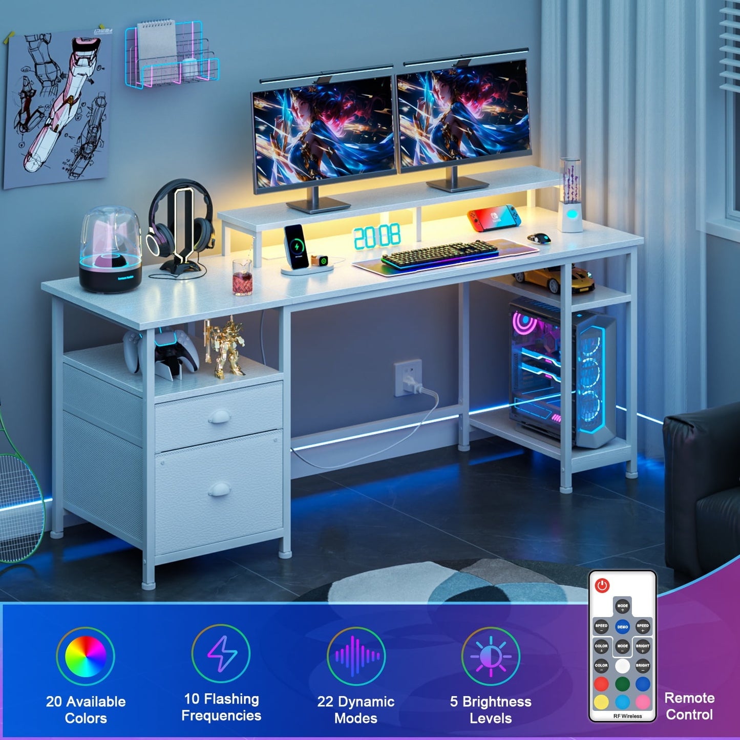 Hexmn White Multi-Functional Computer Desk with Dual Monitor Stand, Adjustable Shelves & RGB LED Lighting