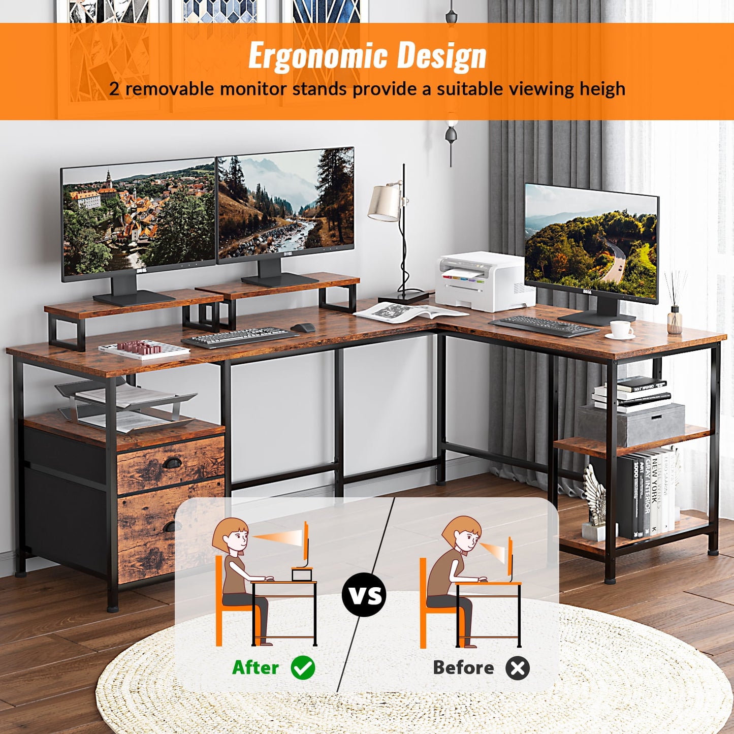 Furologee Computer Desk, Adult Collection L-Shaped MultiFuntional Rustic Desk, Rustic Brown