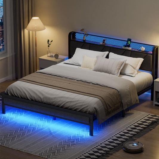 Satifur King Bed Frame with Upholstered Storage Headboard, Metal Platform Bed Station with Charging Station & LED, Noise-Free.No Box Spring Needed