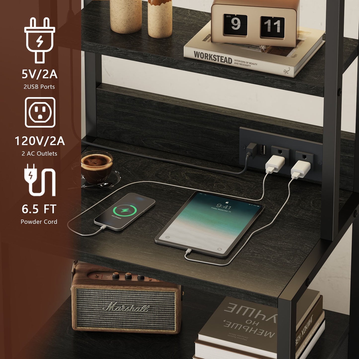 Satifur Tall Nightstand with Charging Station and LED Lights, Bedside Table with Bookshelf,3 Fabric Drawers, Black Oak