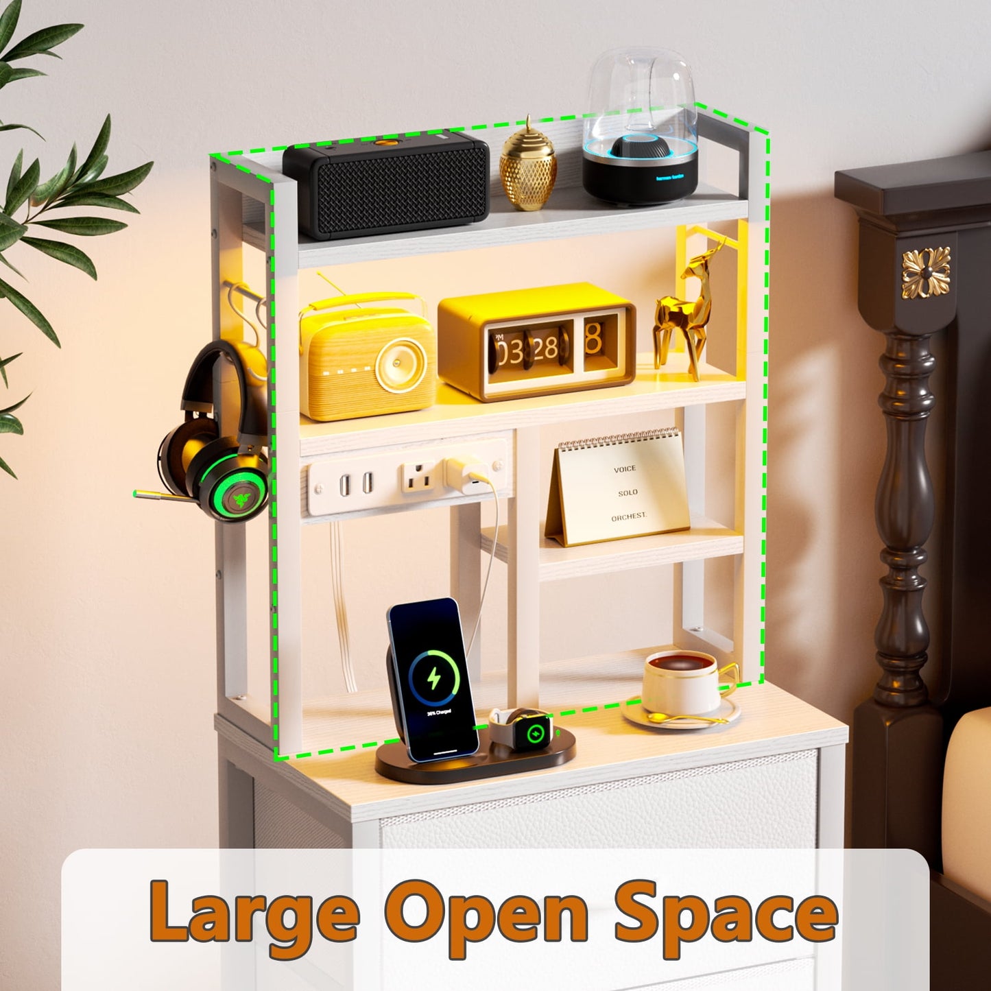 Satifur Tall Nightstand with Charging Station and LED Lights, Bedside Table with Drawers and Bookshelf, Whit