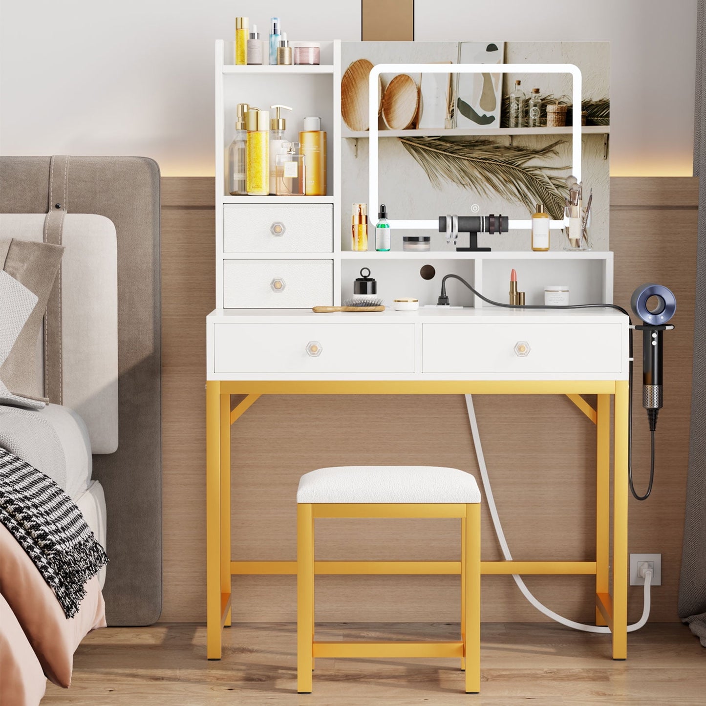 Satifur Vanity Desk Set with Light Mirror & Power Outlet, Makeup Table with Drawers, Adjustable Cabinet/Makeup Vanity Stool for Women, Girls