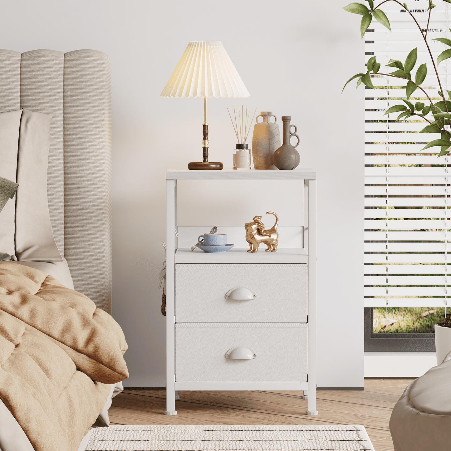 Satifur Nightstand with Drawers & Shelf,Set of 2 Bedside End Table for Bedroom,White