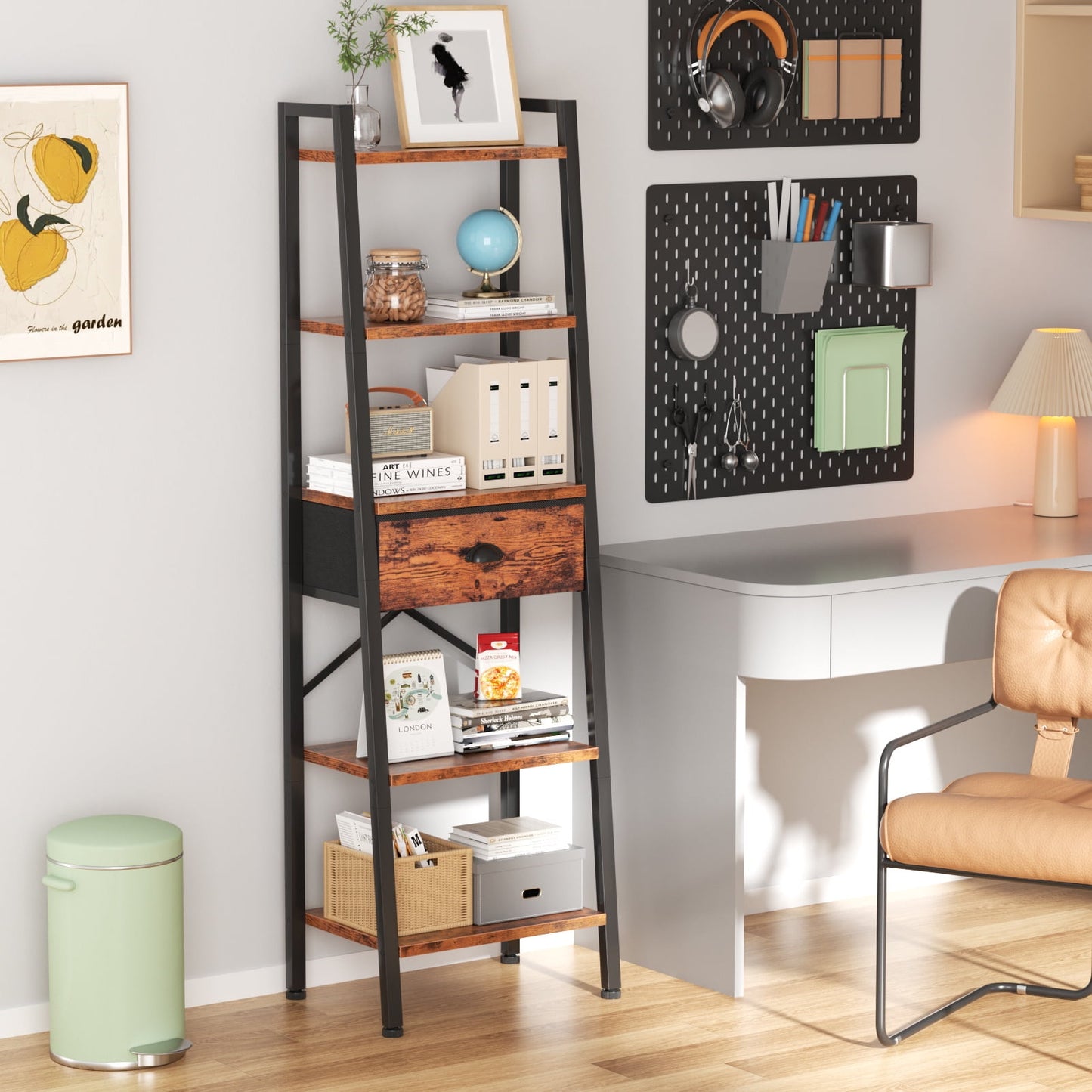 Tydimor 5-Tier 59.5" Ladder Bookshelf with Removable Drawers Narrow Bookcase for Living Room,Rustic Brown