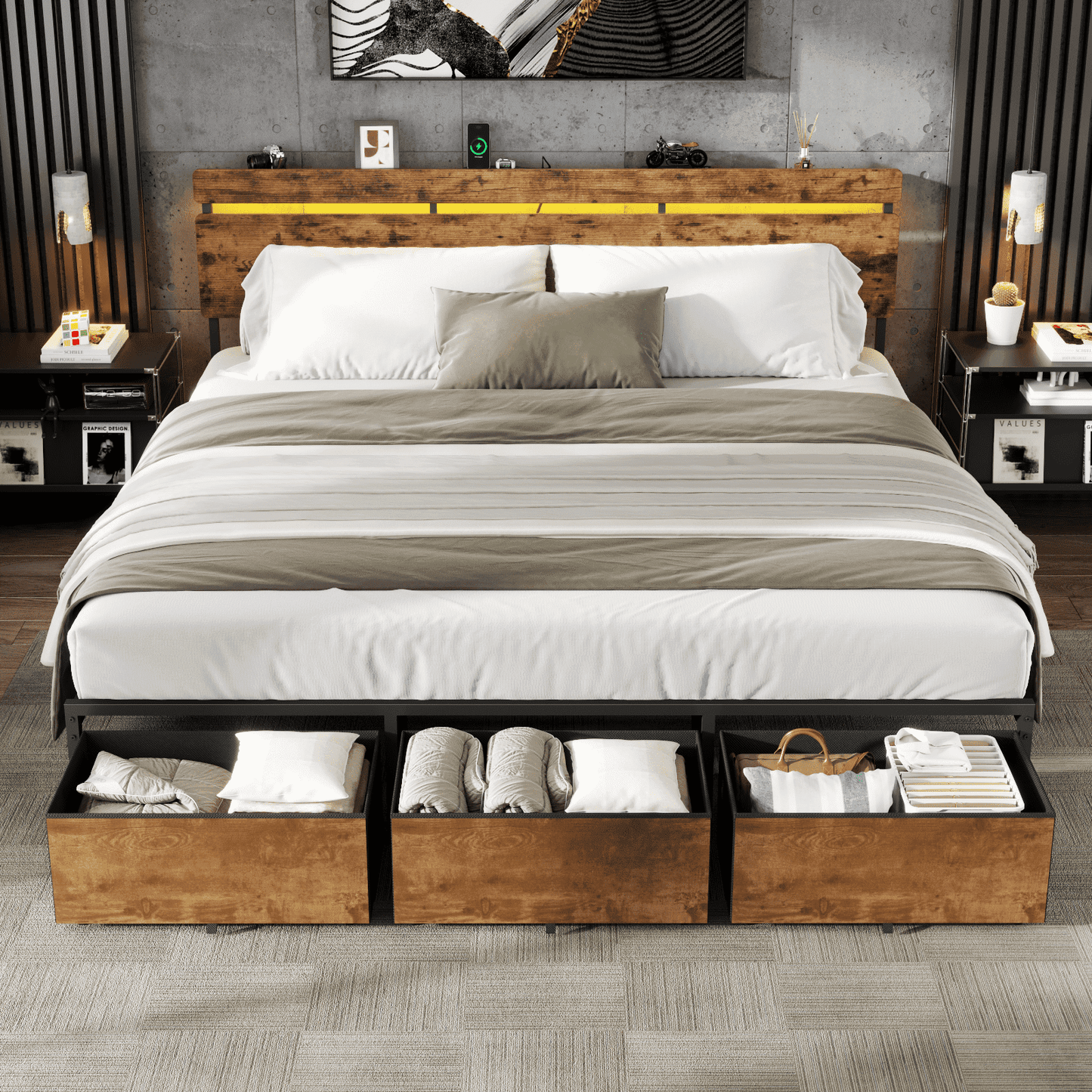Satifur King Size Bed Frame with 3 Drawers & LED Lights & Charging Station, Beds with Headboard & 10.10" Under Bed Storage, No Box Spring Needed, Easy Assembly, Rustic Brown
