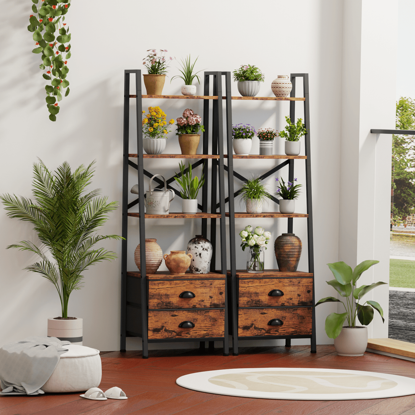 Tydimor 4-Tier 52"H Industrial Bookshelf with 2 Removable Drawers Narrow Bookcase for Living Room,Rustic Brown