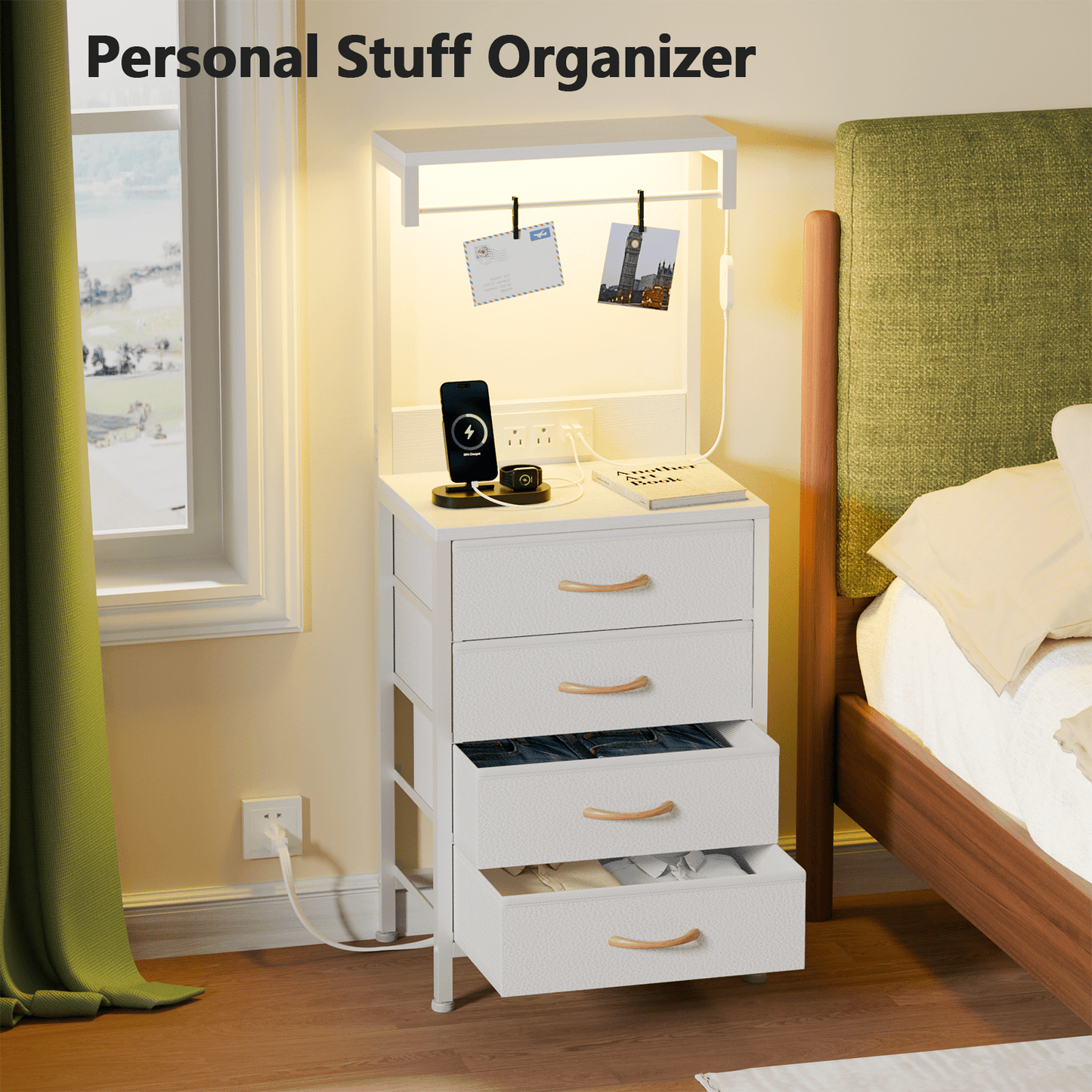 Satifur Tall Nightstand with Charging Station and Drawers, Bedside Table with 4 Fabric Drawers, LED Lights, and 2 Storage Shelves, White