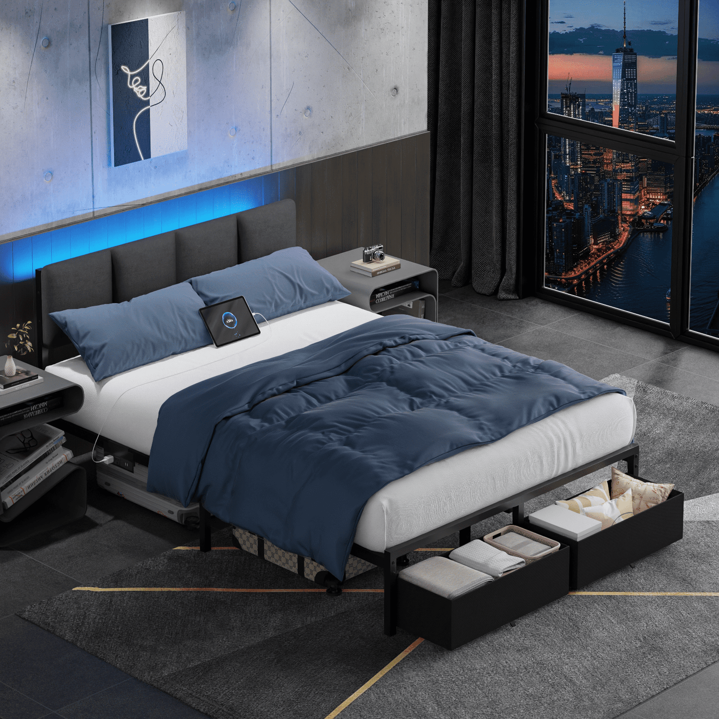 Tydimor Full Bed Frame with 2 Drawers & 2 USB Ports and Outlets, No Box Spring Needed