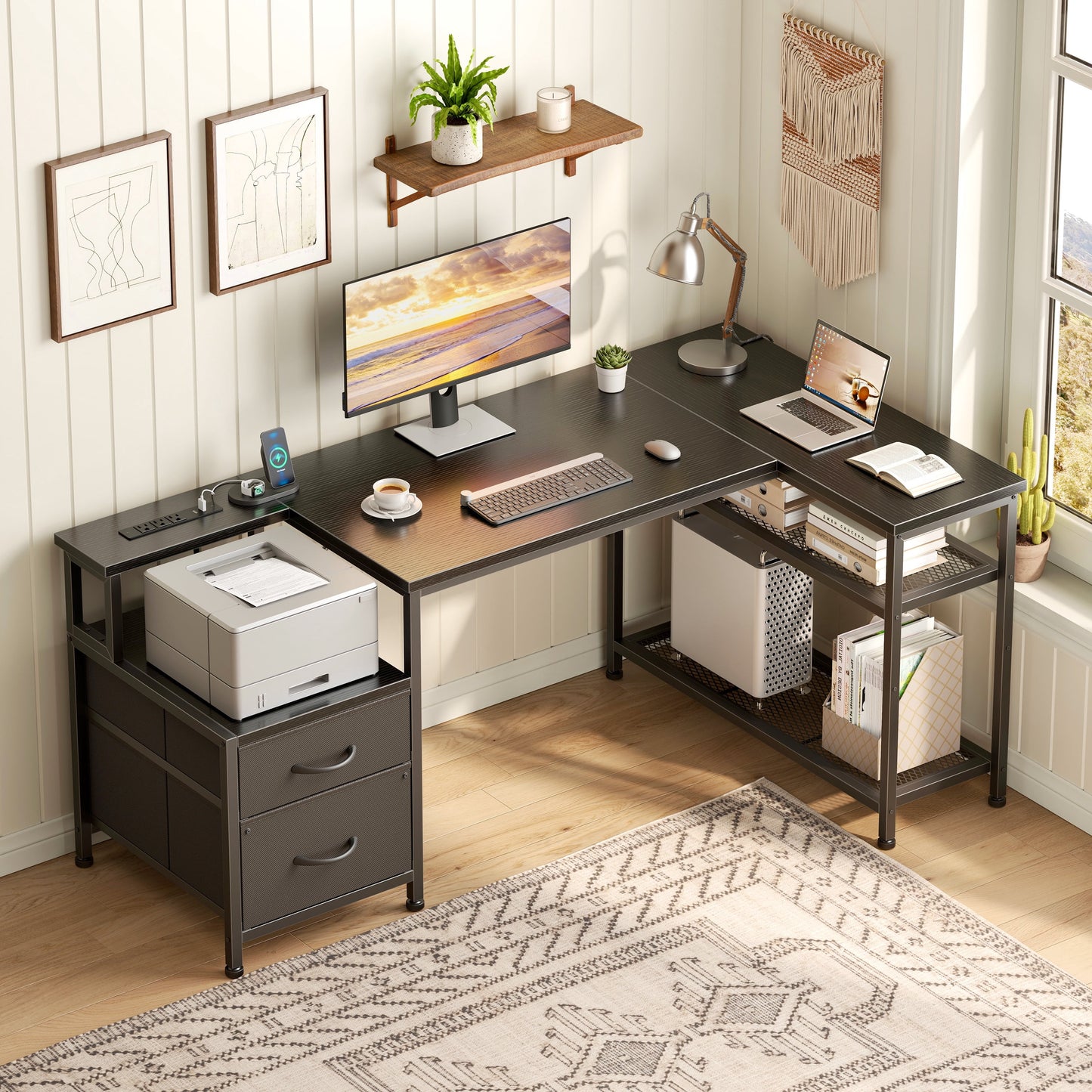 Satifur 49 Inch Black Computer Desk with 2 Drawers & Power Outlet, Sturdy Steel Frame Wooden Desktop, for Home & Office Use