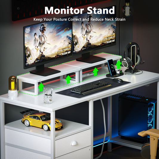 Satifur Computer Desk with Drawers & Charging Station, Gaming Desk with Movable Monitor Stands, Storage Shelves & File Cabinet, White