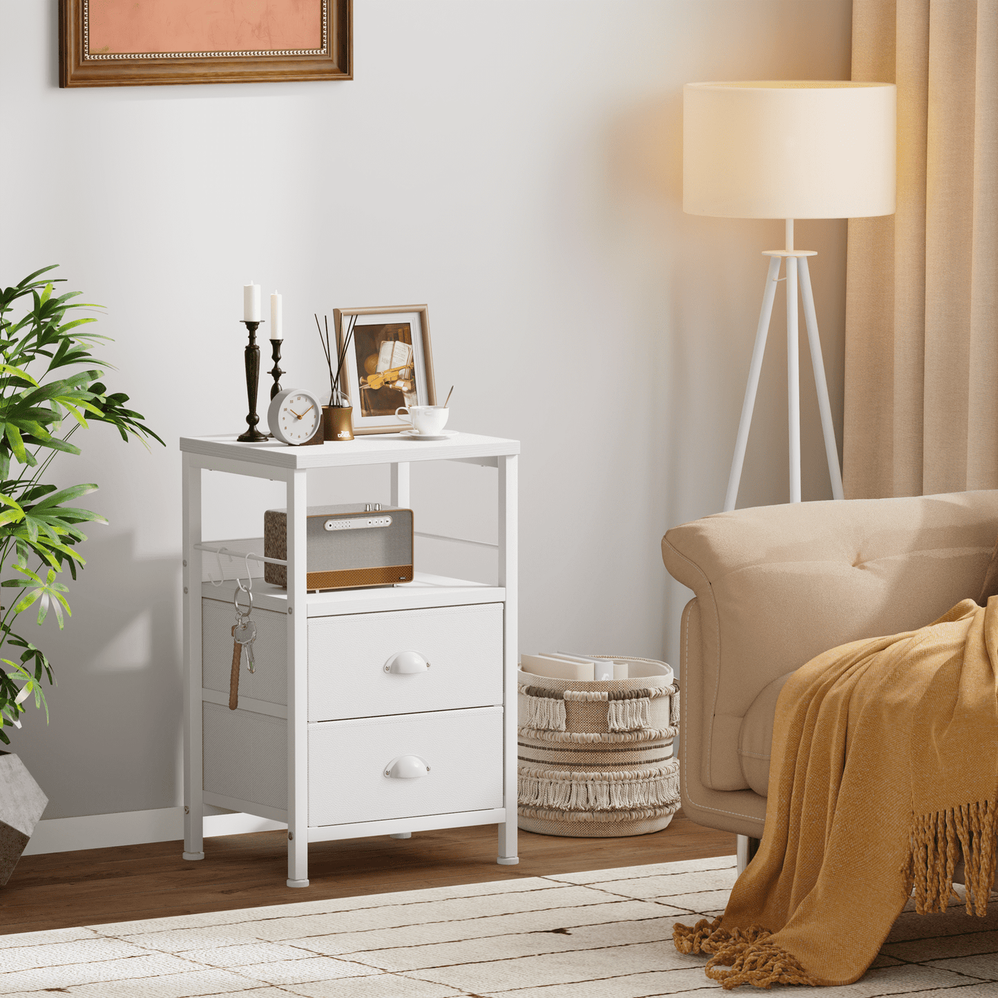 Satifur Nightstand with Drawers & Shelf,Set of 2 Bedside End Table for Bedroom,White