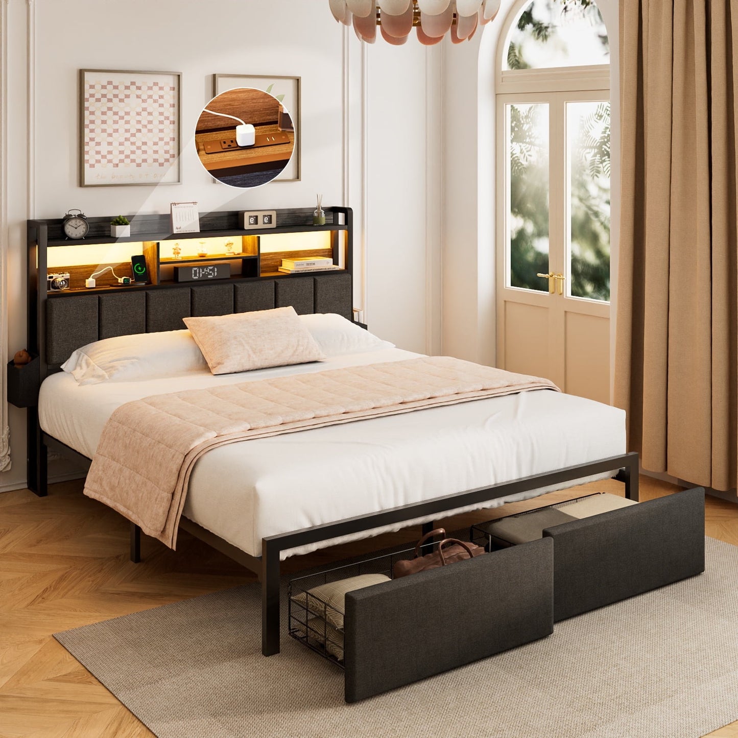 Hexmn Fabric Upholstered Smart Gaming Bed Frame Full Size with Storage Drawers, USB Ports and Outlets, No Box Spring Needed