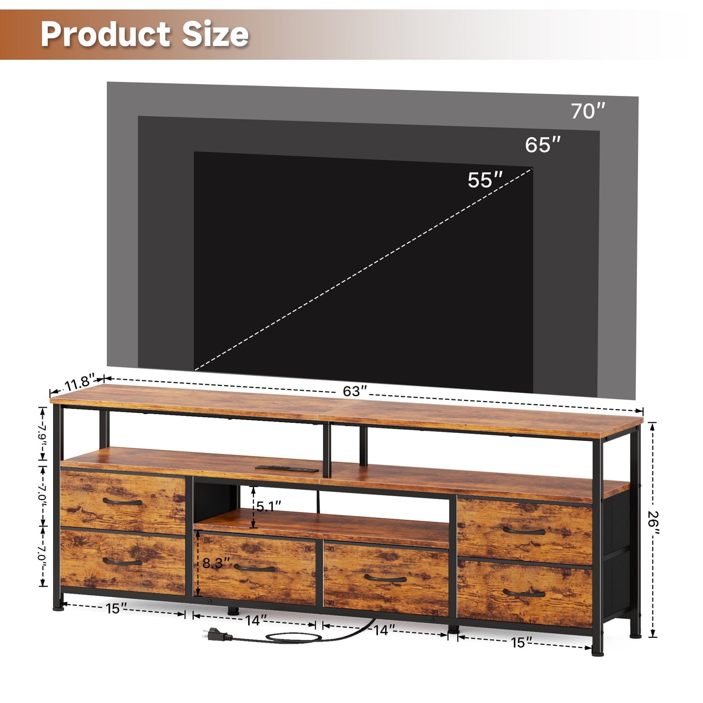 Tydimor 63 Inch TV Stand with LED Lights & Charging Power Station, 6 Fabric Drawer Dresser, Multifunctional Media Console, Sideboard Storage Cabinet, Entryway Hallway Table Fits 32-70 Inch TV