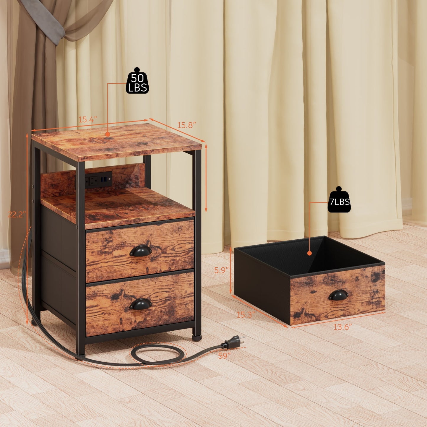 Satifur Nightstand Set of 2, Side End Table with Charging Station, 2 Drawers, Rustic Brown