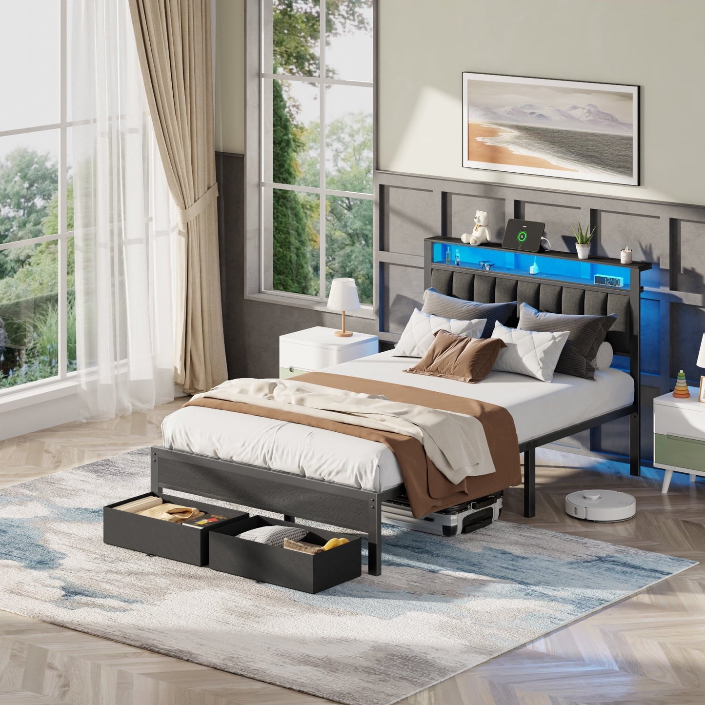 Tydimor Full Bed Frame with 2 Drawers & Storage Headboard, Platform Metal Bed with 2 USB Ports and Outlets, No Box Spring Needed