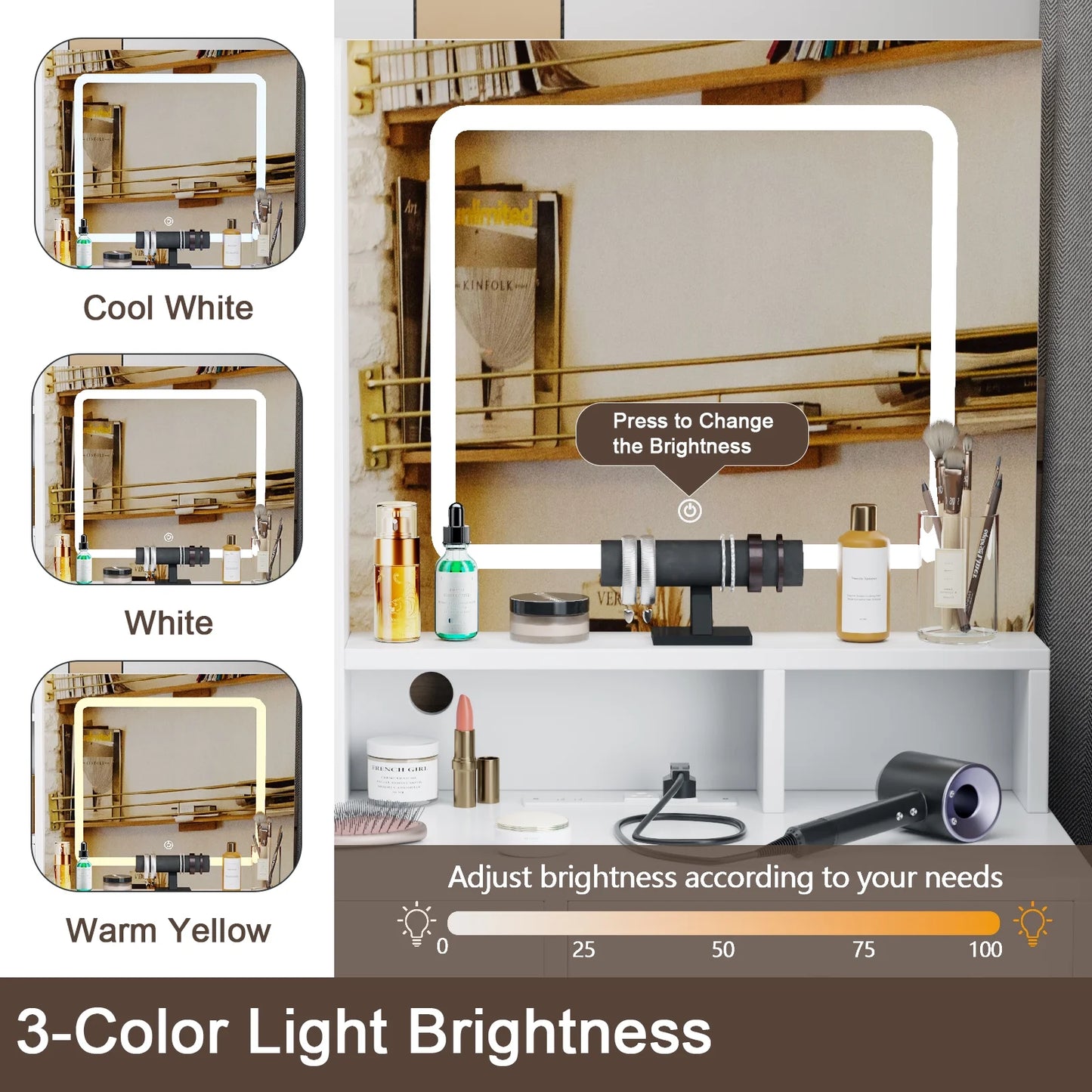 Tydimor Lighted Makeup Vanity Set, Women Dressing Table with Outlets, Vanity Desk with Drawers & Stool