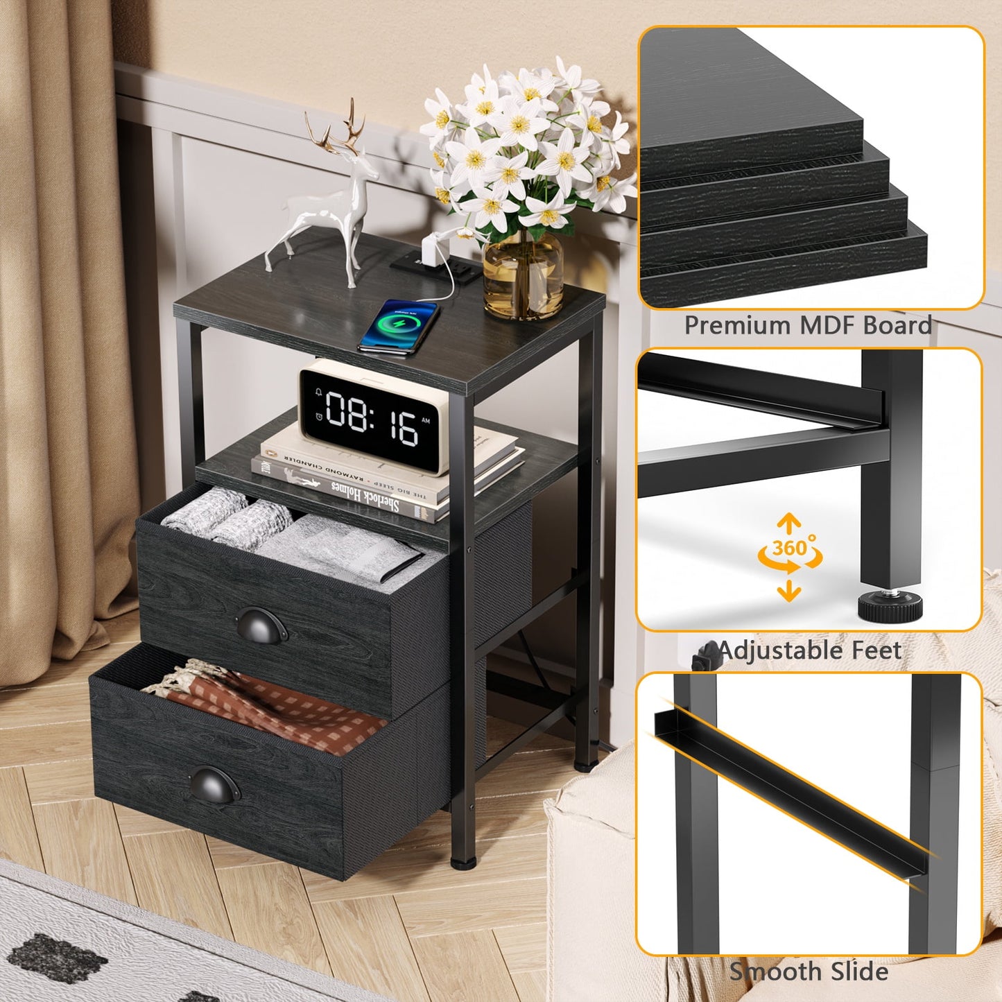 Satifur Bedside Table with Charging Station,Set of 2 LED Nightstand with 2 Fabric Drawers,Black Oak