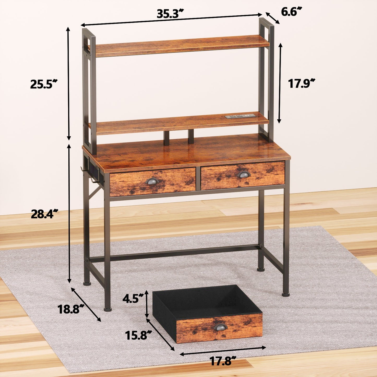 Satifur Computer Desk with Charging Station & LED Lights, Gaming Desk with Drawers & Shelves, Rustic Brown