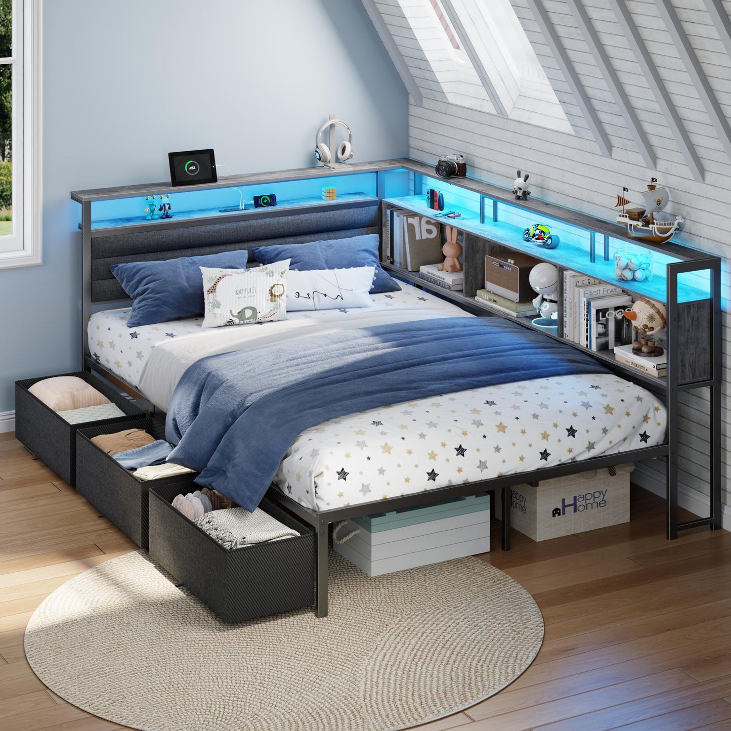 Tydimor L-Shaped Corner Bed Frame with 3 Storage Drawers, 3 Cubbies & Double-Layer Shelf, LED Lights & Power Outlet, Corner Full Beds for Living Room, Bedroom and Guest, Grey Oak