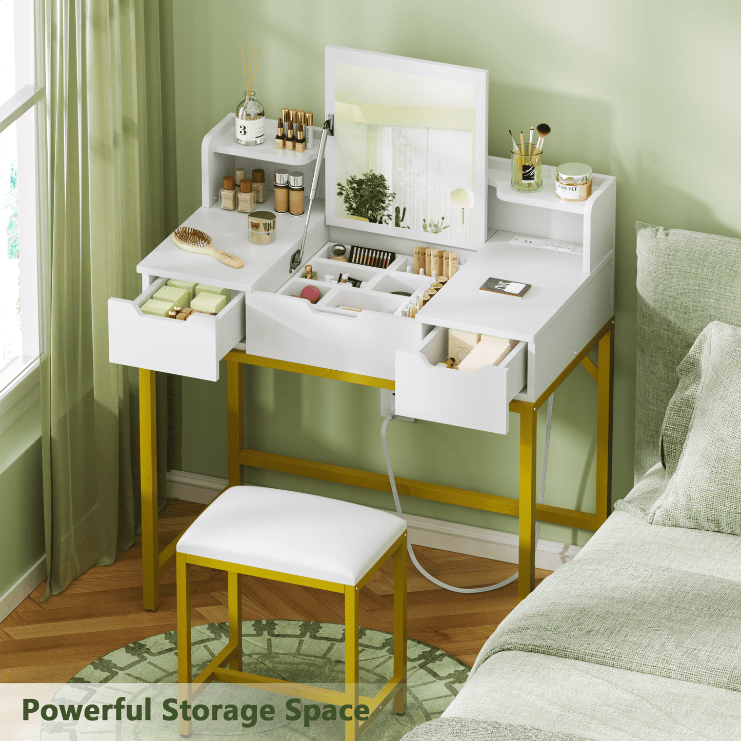 Tydimor Flip-top Vanity Set, Women Dressing Table with Outlets, Makeup Vanity Desk with Mirror, Drawers & Stool