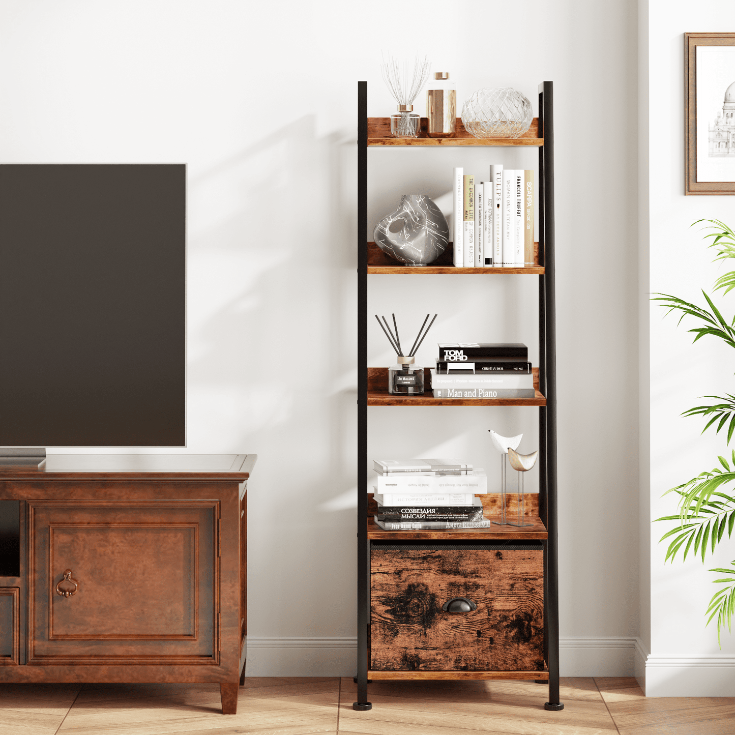 Tydimor 5-Tier Ladder Bookshelf With Drawer, Leaning Bookcase Storage Display Shelf,Rustic Brown