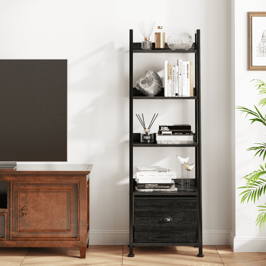 Tydimor 5-Tier Ladder Bookshelf With Drawer, Leaning Bookcase Storage Display Shelf, Black Oak