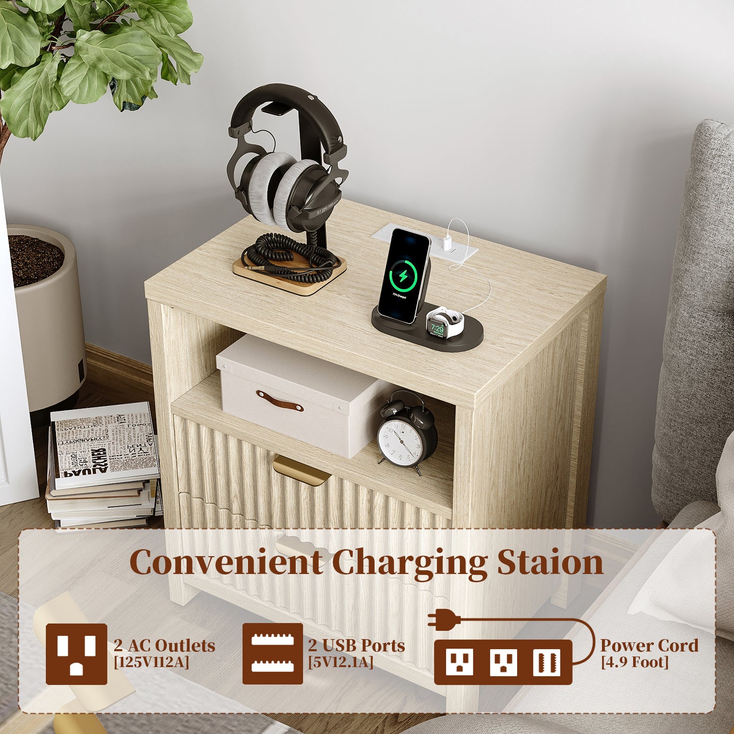 Satifur Modern Fluted Nightstand Set of 2 with Charging Station & 2 Storage Drawer for Bedroom,Light Oak Grain