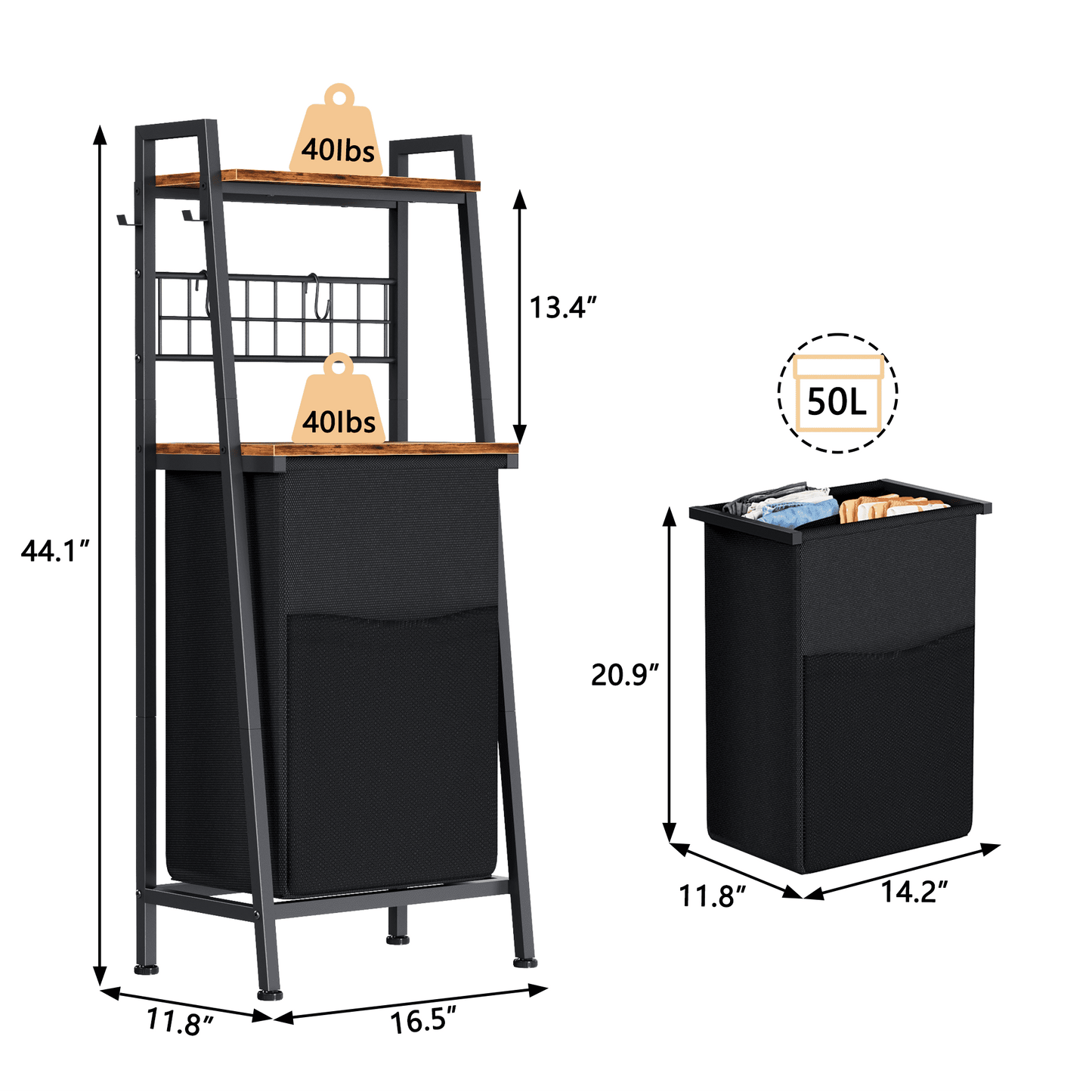 Satifur Laundry Basket Hamper with Oxford Fabric Pull-Out Bag 2-Tier Shelf Hook for Laundry Room Bedroom Bathroom