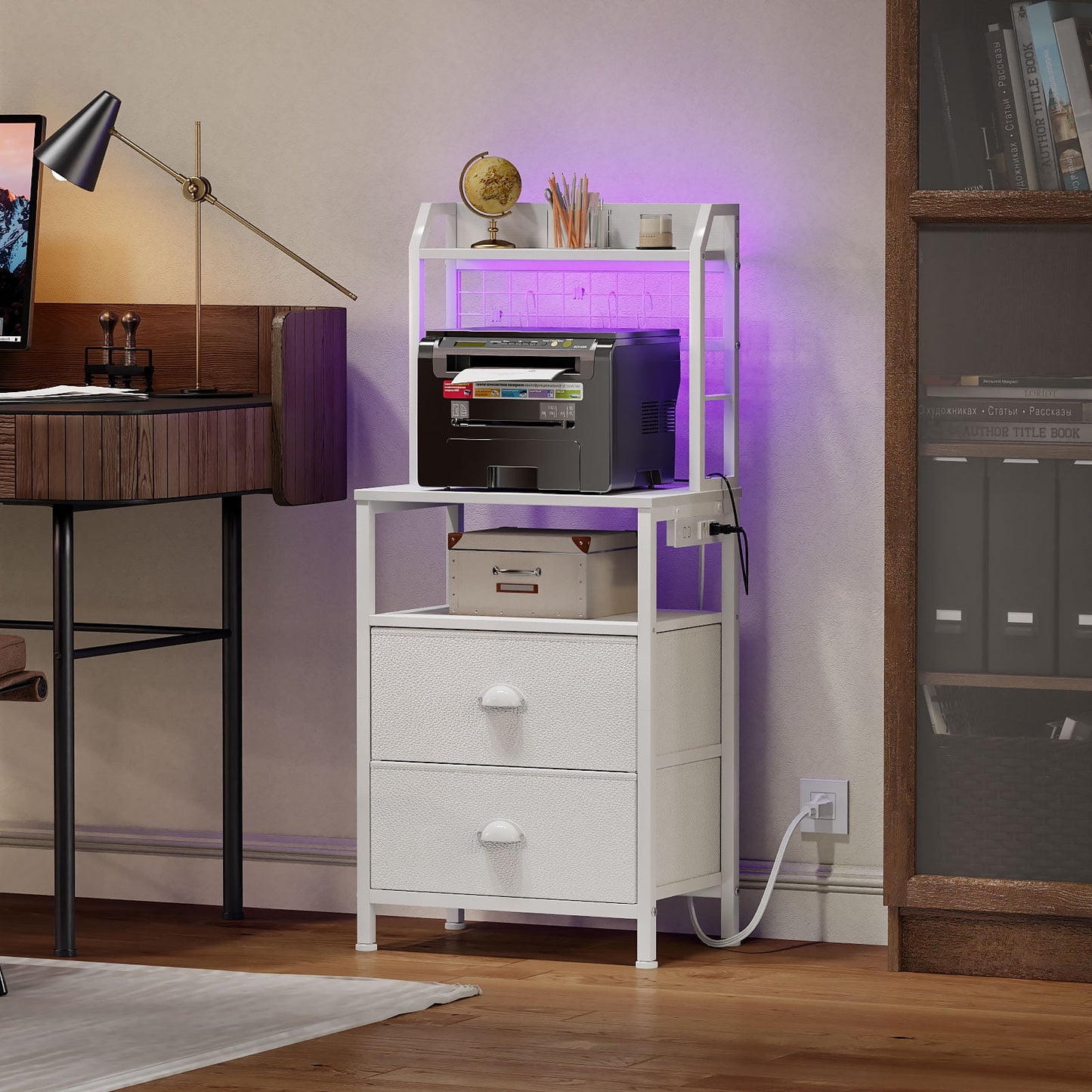 Satifur Tall Nightstand with Hutch, Charging Station, Pegboard & Drawers,Multifunctional Bedside Table with USB Ports,White
